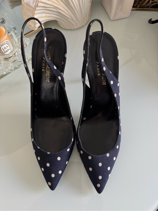 Saint Laurent Shoes - Authentic Saint Laurent Navy and White Polka Dot Slingback Pumps